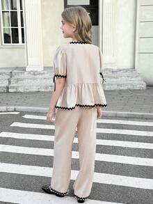 SHEIN Bộ đồ 2 món cho bé gái tuổi teen: áo tay cánh hoa phối màu tương phản và quần ống rộng. - Màu be - Xem 7