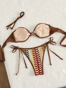 Swim Mod Women's Knitted Jacquard Fabric Knotted Halter Bikini Set, Fashionable & Elegant Beach/Music Festival Style, Spring/Summer - Multicolor - View 2