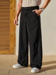 Manfinity Roghcode Quần jeans ống rộng xếp ly dáng thường ngày unisex - màu đen - Xem 6