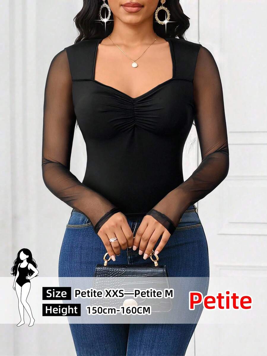 SHEIN Lady Petite Black Mesh Patchwork Long Sleeve Fitted Women T-Shirt Long Sleeve Mesh Top Black Top With Mesh Sleeves - Black - View 1