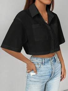 Chiquease Women's Casual Solid Color Front Button Short Sleeve Cropped Shirt, Summer - Black - View 4