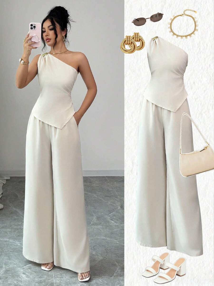 Elenzga 优雅时尚的夏季两件套，由女性手工编织而成 - 杏色 - 查看 1