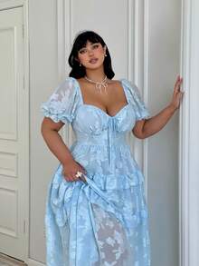 Lyrianda Vestidos formales de mujer con mangas abullonadas, cintura ceñida y decoración de lazo en estilo jacquard texturizado de chifón francés elegante, para primavera, verano y vacaciones - Azul - Ver 7