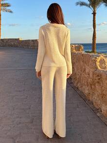 EURMUSE Conjunto de dos piezas para la playa con top de punto de ganchillo con estrellas de mar multicolor y pantalones de pierna ancha para mujeres - Beis - Ver 3