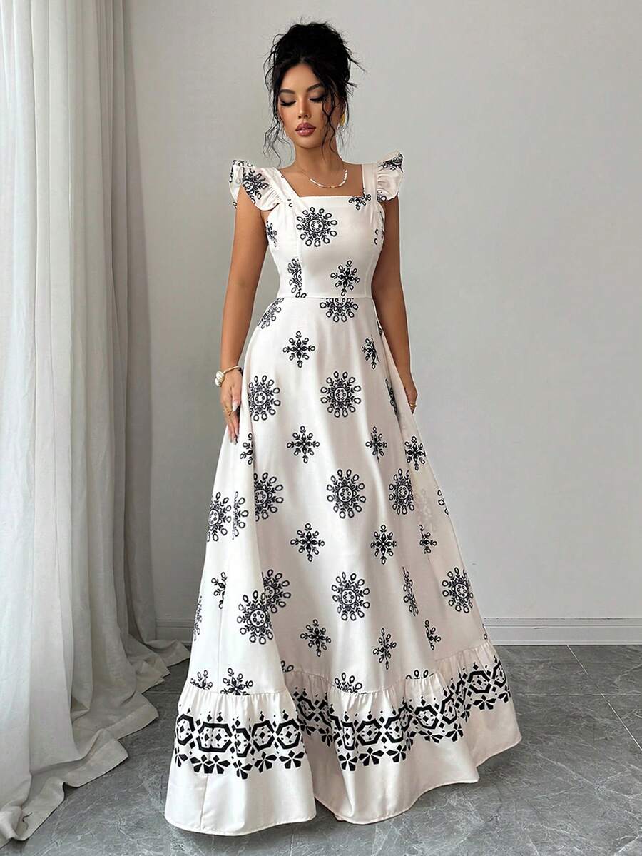 SHEIN Elenzya 女士春夏优雅别致黑白复古印花荷叶边腰带A字长裙，波西米亚风格，适合温泉度假、海滩旅行、休闲度假、户外音乐节、约会聚会、日常休闲居家穿着 - 杏色 - 查看 1