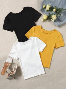 SHEIN EZwear 夏季三件套荷叶边罗纹针织修身打底T恤，可爱女式纯色上衣，可爱休闲上衣，可爱短袖上衣，罗纹上衣，棉质上衣，可爱纯色上衣，可爱上衣，女士休闲上衣，短袖罗纹上衣 - 黃色 - 查看 3
