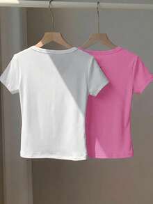 Comfortcana 2件/套纯色亨利领刺绣修身短袖T恤，夏季 - 玫紅色 - 查看 2