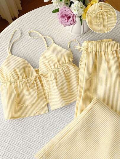 Comfortcana Conjunto de férias casual feminino de 2 peças em tecido listrado amarelo, /verão.