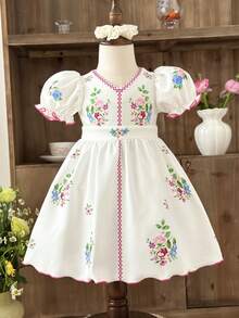 LMoss Kids Baby Girl Floral Print Puff Sleeve Dress - White - View 2