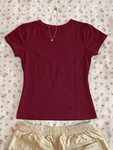 Camiseta Casual Estampada para Mujer, Manga Corta y Cuello Redondo, Moda Urbana Local Primavera/Verano. Blusas para mujer, playeras de mujer. 180g (S-XXXL) - Borgoña 2 - Ver 2