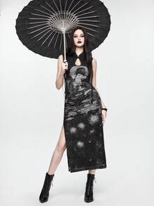 ROMWE Goth 修身中长款旗袍连衣裙，高开衩，花卉印花，立领 - 彩色 - 查看 1