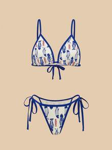 Bonvoyette 3 peças/Conjunto Roupa de Praia Feminina - Roupa de Praia Elegante e Fofa, Top de Alça Ajustável com Estampa Aleatória de Animal Marinho em Cores Contrastantes, Parte de Baixo de Maiô Bikini com Amarração Lateral e Saia Midi Maiô Bikini - Multicolorido - Visão 4