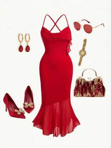 SHEIN MOD 大碼女士交叉背部魚尾搖擺針織背心裙 - 紅色 - 查看 5