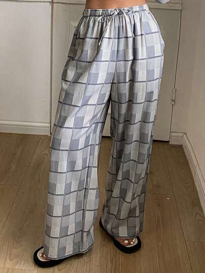 DAZY 女士格子印花抽绳腰斜插口袋宽松阔腿睡裤