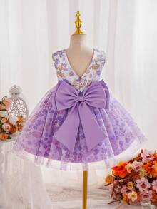 SHEIN Glamorique Kids Glamorique 青少女派對 & 花童婚禮禮服，短袖 V 背蝴蝶結花卉甜美優雅蓬蓬公主長裙 復活節 - 淡紫色 - 查看 3