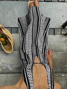 Sunnyshic 条纹深V领露背系带A字长裙，优雅大方，适合春夏度假、婚礼、派对、休闲、日常穿着。 - 黑色 - 查看 1