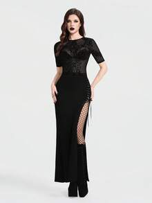 Breakform Women's Gothic Dark Style Front Panel Flocked Mesh Round Neck Short Sleeve Fitted Sexy Top, Suitable For Daily Outings And Festivals - Black - View 4