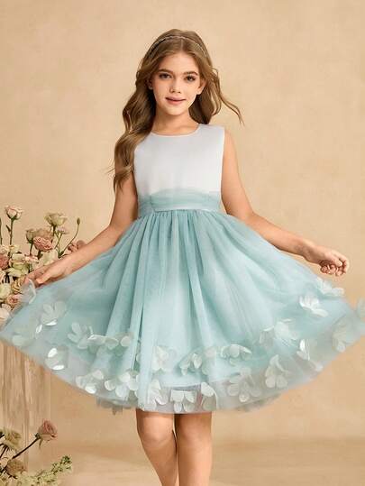 Tween Girl Floral Decor Mesh Patchwork Princess Dress, Sleeveless Recital Gown For Piano Performance And Hosting