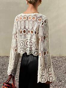 DAZY 女士钩针镂空波西米亚风罩衫，夏季度假必备 - 米色 - 查看 2