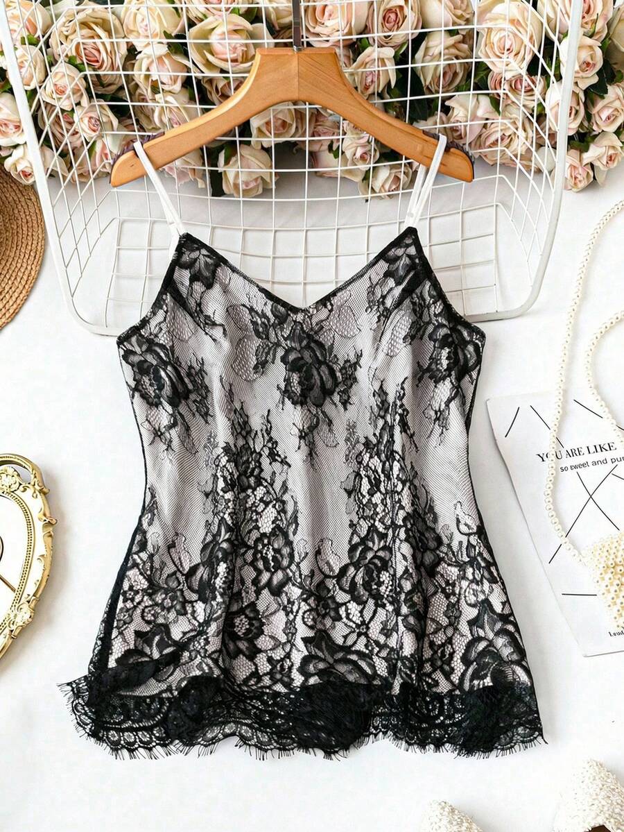 SHEIN LUNE Áo camisole nữ màu trơn, chất liệu ren, dáng regular fit, thanh lịch, thích hợp mặc hàng ngày. - Đen và trắng - Xem 1