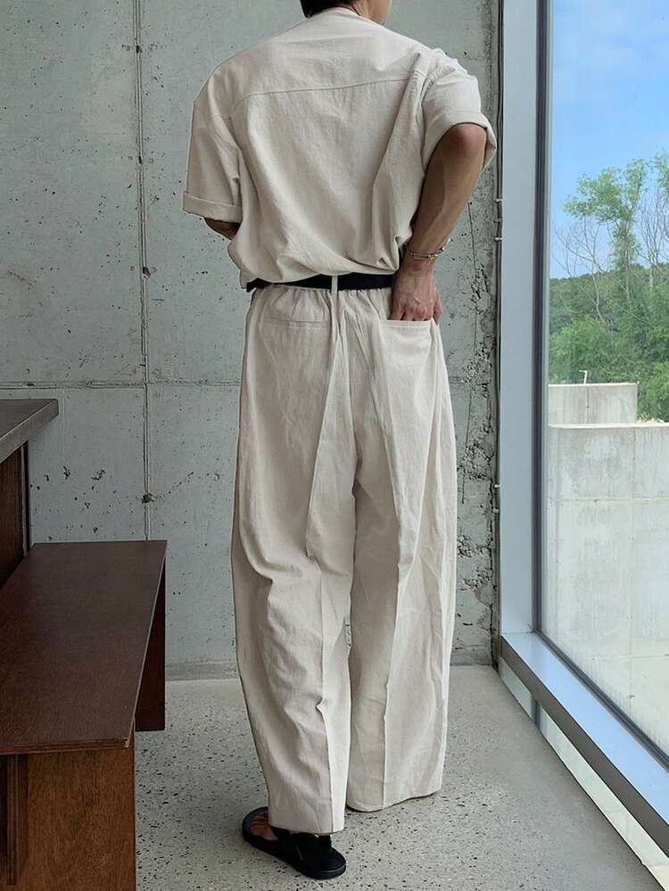 Khaki Short Sleeve Shirt And Pants Set For Men, Summer