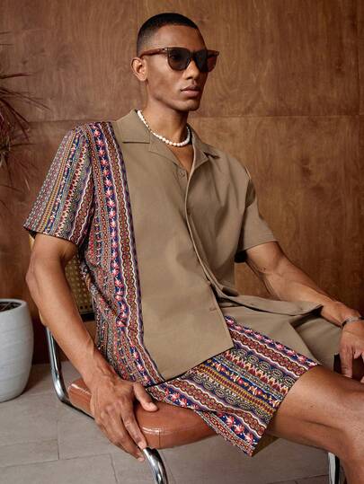 AKNOTIC Business Casual Bộ đồ nam du lịch dệt họa tiết hoa nhí gồm áo sơ mi và quần short, kiểu dáng thường ngày.