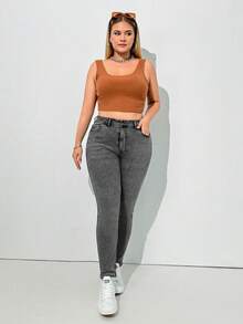 SHEIN Cottnline بنطلون جينز نحيف عالي الخصر مقاس كبير باللون الأزرق الفاتح - رمادي - مشاهدة 3