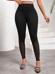 SHEIN Lady Petite Petite High Waist Lace Patchwork Women's Leggings - Black - View 5