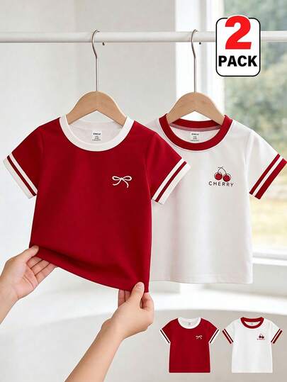 SHEIN 2pcs Baby/Baby GirlRetro Color Block Round Neck Short Sleeve T-Shirt Set, Cherry & Bow Graphic, Casual, Soft & Comfortable, Suitable For Summer, 6M-3T