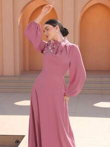 Graceveil Elegant Stand Collar Cinched Waist Flared Long Sleeve Applique Dress For Women - Pink - View 6