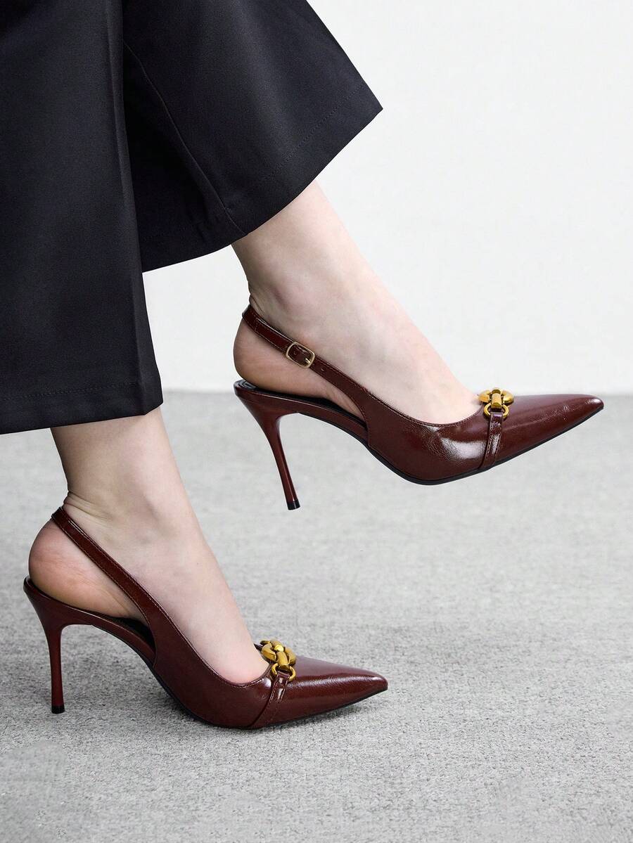 CUCCOO BIZCHIC Women Shoes Spring Summer Metal Buckle Decorative Pointed Buckle Slender Heel 9cm Women's High Heel Shoes Solid Color Commuter Dating Daily Holiday Shoes - Burgundy oily skin - View 1