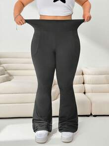 SHEIN Tall CURVE 大码女装秋冬返校休闲家居服瑜伽舒适户外纯黑色针织弹力腰高腰口袋喇叭裤，带口袋打底裤 - 灰色 - 查看 6