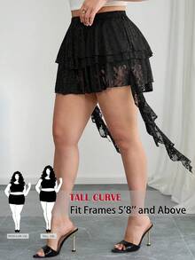 SHEIN Tall CURVE 大码纯色蕾丝飘逸优雅半身裙，适合夏季度假、婚礼宾客，适合高挑丰满女性，蕾丝元素，春季女性适用，情人节女性适用，派对、婚礼及活动、毕业典礼适用，大码夏季适用，女性度假适用，黑色半身裙 - 黑色 - 查看 8