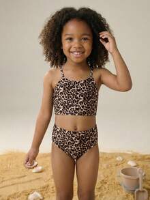 Maija Kids Maija Kids Young Girls Simple Leopard Print Fitted Camisole & Triangle Bikini Swimsuit Set, Casual Style Suitable For Summer - Multicolor - View 1