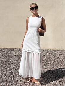 DAZY Women's Sleeveless Frill Trim Dress With Mesh Patchwork Sundress Summer - Ivory White - View 6