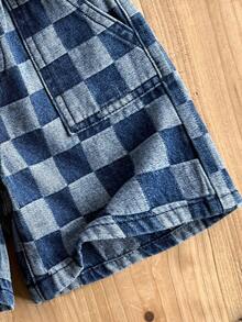 LMoss Kids Quần short denim kẻ caro xanh dáng rộng cho bé trai - Rửa trung bình - Xem 4