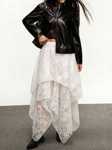 Rina Fox Women's Asymmetrical Hem White Lace High Waist Slim A-Line Mini Skirt, Layered Sexy Hollow Out Cake Skirt For Date - White - View 6