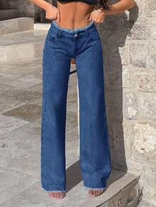 EURMUSE 100%Cotton Rigid, Belt Detailed Wideleg Fit - Blue - View 5
