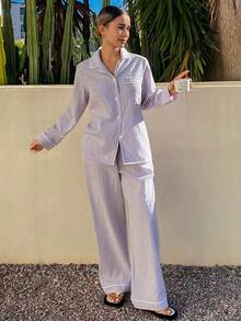 Conjunto de pijama holgado de mujer con ribete de contraste a cuadros - Púrpura malva - Ver 6