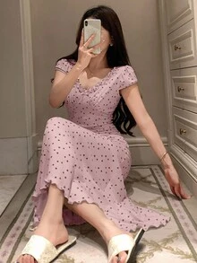 DAZY 碎花荷葉邊收腰長款女式睡袍睡衣 - 粉色 - 查看 4