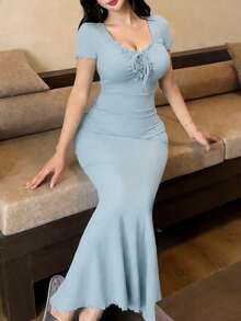 DAZY Ruffled Collar Tie-Up Bodycon Short Sleeve Summer Dress For Women, Homewear - Baby Blue - View 3