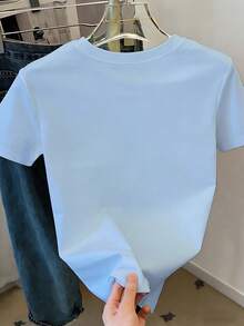 SHEIN EZwear 女士休闲简约花卉刺绣标语印花圆领 T 恤 - 淺藍色 - 查看 2