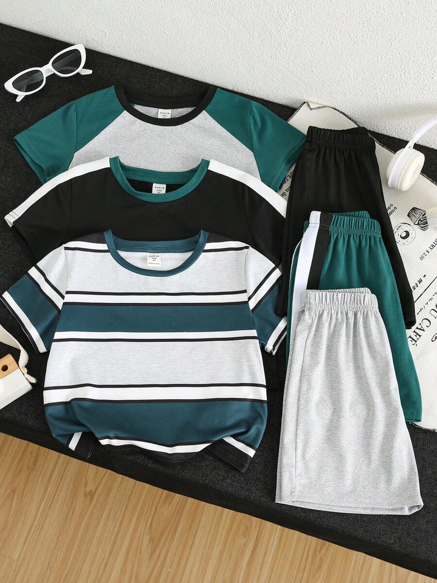 SHEIN 6件套男童绿色、黑色、灰色撞色圆领短袖T恤和短裤套装，3套，简约廓形，休闲校园风，舒适时尚，百搭实用，面料柔软，适合日常穿着、外出、户外活动、度假、派对、夏季海滩度假、春夏穿着。 - 彩色 - 查看 1