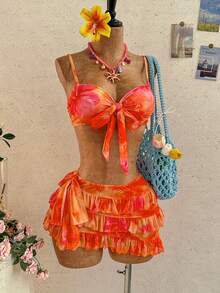 Soleia 女士夏季度假沙滩印花抹胸比基尼套装和荷叶边裙 - 彩色 - 查看 1