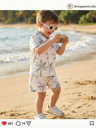 THE HAPPY LOOK 两件套男童碎花印花 Polo 领短袖衬衫和松紧腰短裤套装