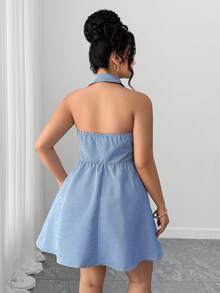 SHEIN PETITE CURVE Plus Size Women Backless Single-Breasted Striped Dress, Korean Sweet & Elegant Style, Suitable For Commuting And Romantic Occasions - Blue - View 2