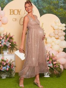 Loomaby 优雅V领无袖亮面长款孕妇连衣裙 - 棕色 - 查看 1