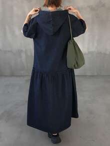 FRIFUL 女士休闲宽松短袖连帽牛仔连衣裙，夏季 - 藍色 - 查看 6