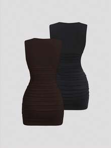 Sweetra Women's 2 Pieces Set,Dark Brown Summer Seductive Night Out Metal Decor Twist Asymmetric Ruched Bodycon Mini Dress,Sleeveless Fitted Casual Commuter - Multicolor - View 2