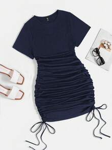 Rustia Plus Size Women's Summer Navy Blue Dress,Smart Casual Night Outfits Short Sleeve Drawstring Ruched Fitted Bodycon Shirred Solid Color Everyday Dress - Navy Blue - View 1